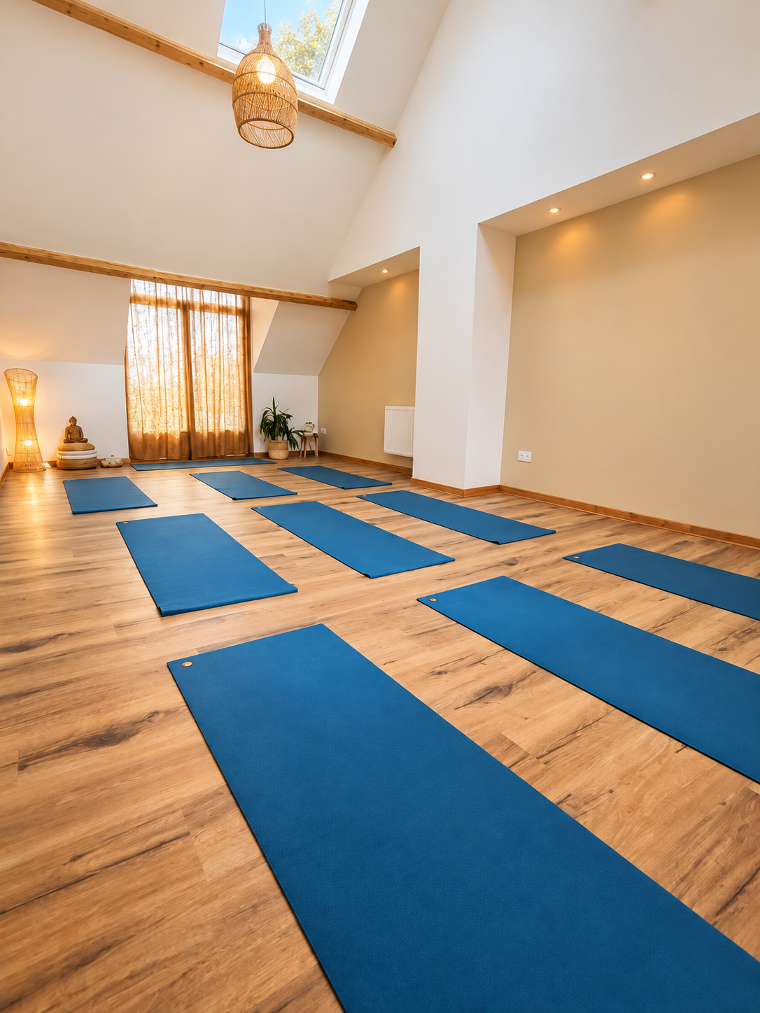 Salle de yoga Brille en Corps lumineuse avec tapis bleus et poutres en bois